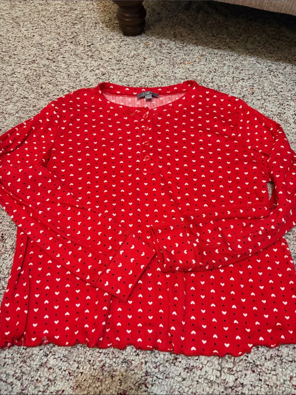 LOFT Red Heart-Print 2-Piece Henley Pointelle Pajama Set
